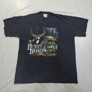 VTG The Hunt Begins Thunder Sportswear Graphic Shirt Big Buck Deer Hunting Sz L
